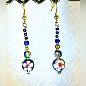 Earrings Pierced Handcrafted Women Unique Design Cloisonne’ Blue Beads and Gold